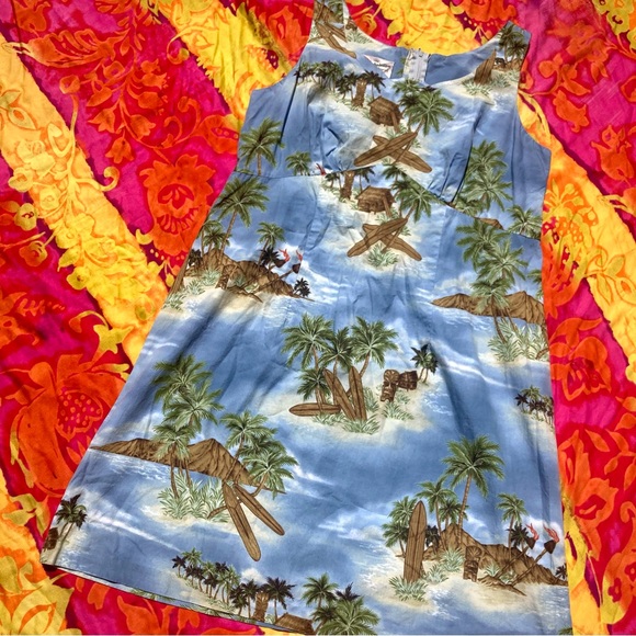 Hilo Hatties 1990s tropical Hawaiian light blue sleeveless sheath dress size 14 - Picture 4 of 15